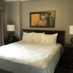 queen bed with lamp on bedside table