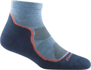 A blue, two-toned wool hiking sock with Darn Tough written across the toes