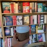 coffee in front of bookshelf at unique coffee shop in steamboat springs
