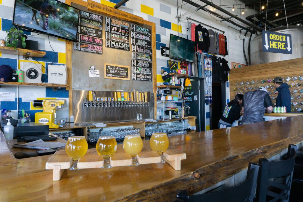beer flight on the counter at Storm Peak Brewing