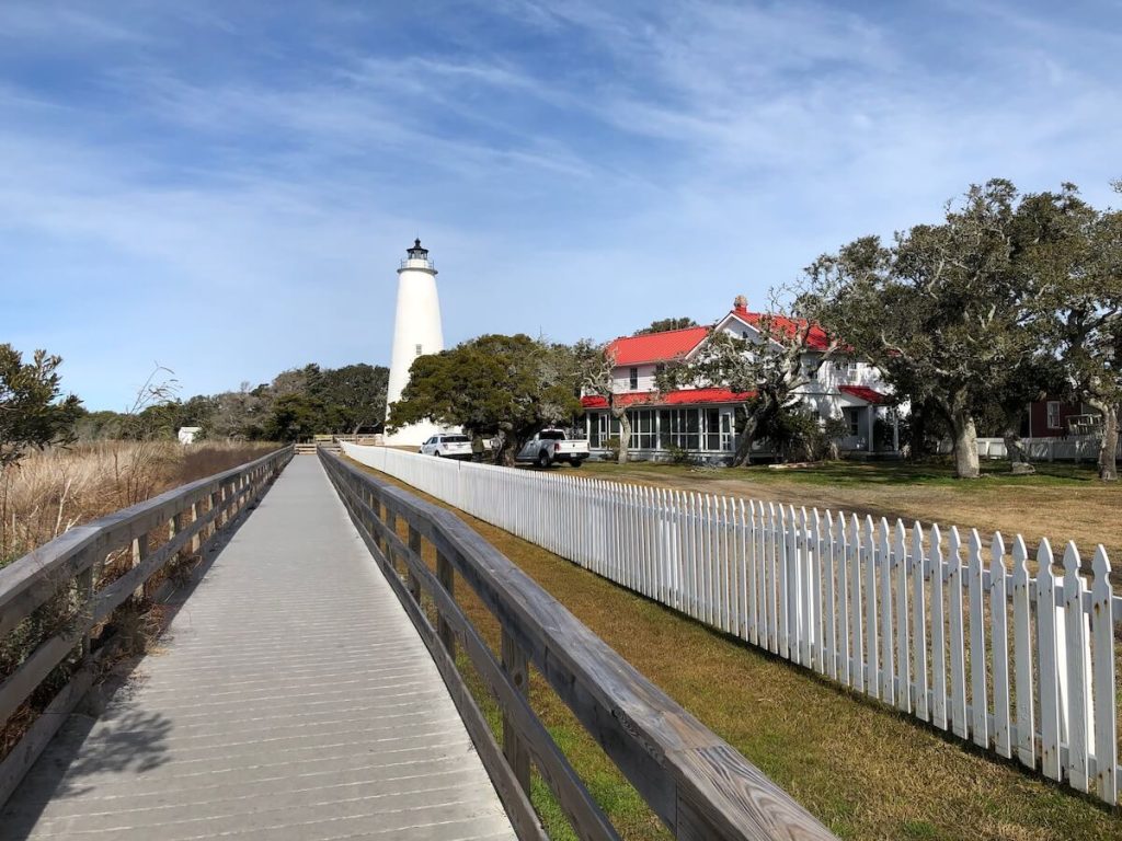 lighthouse and keepers house at one of the small beach towns in North Carolina