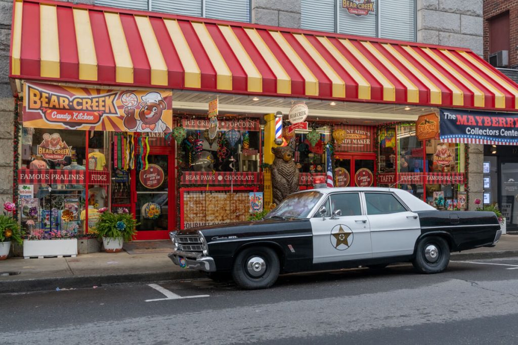 squad car in front of Bear Creek Fudge - two of the best things to do in Mount Airy, NC