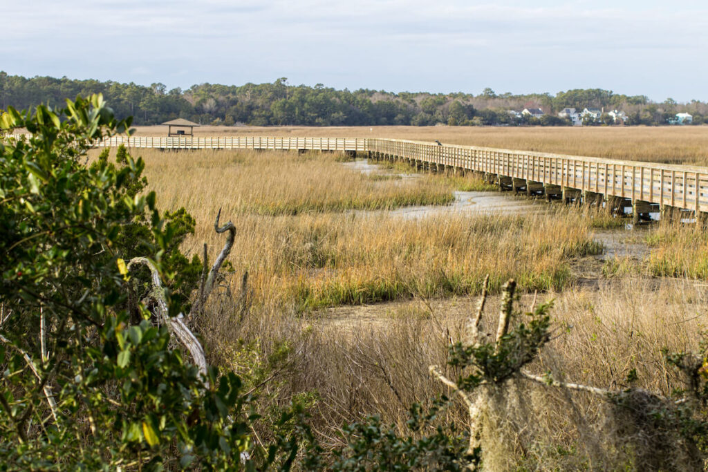 A boardwalk through the marsh at Huntington Beach State Park, one of the closest beaches to Asheville.