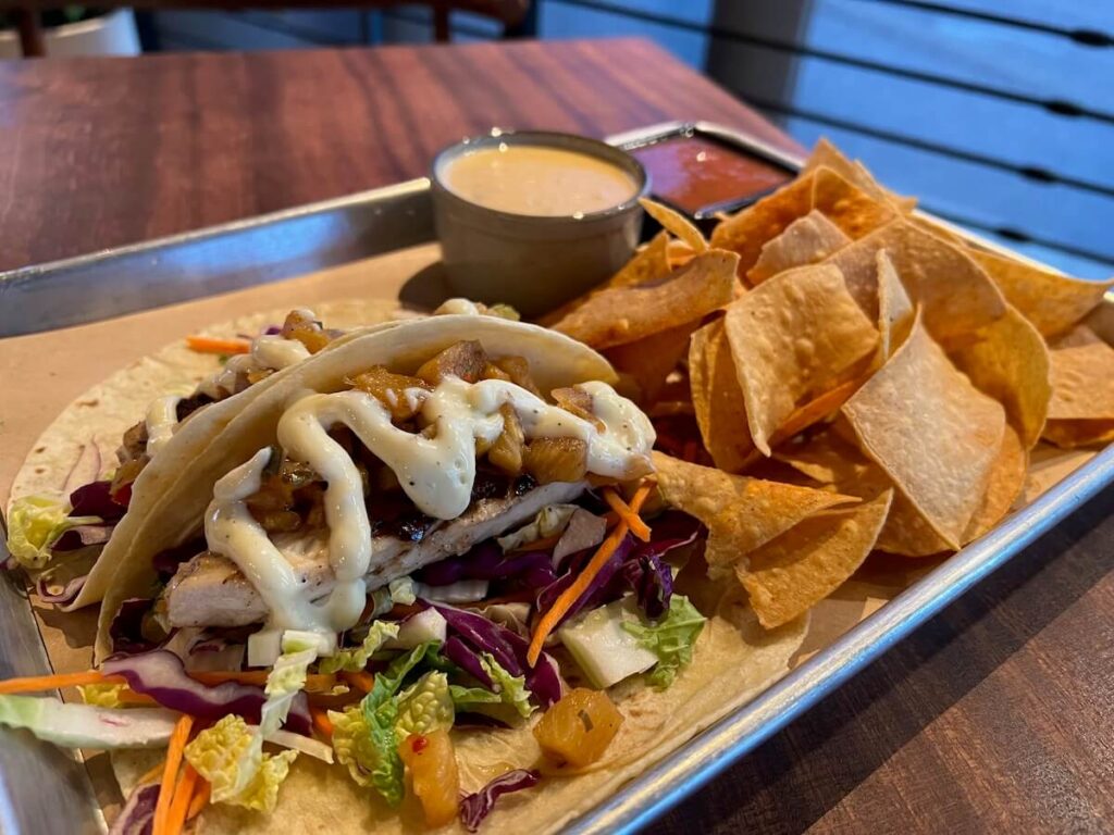 Snapper tacos with a side of tortilla chips, salsa, & queso.