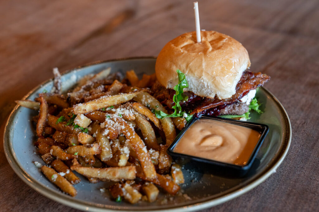 Burger with parmesan garlic fries at one of the best restaurants in Johnson City.