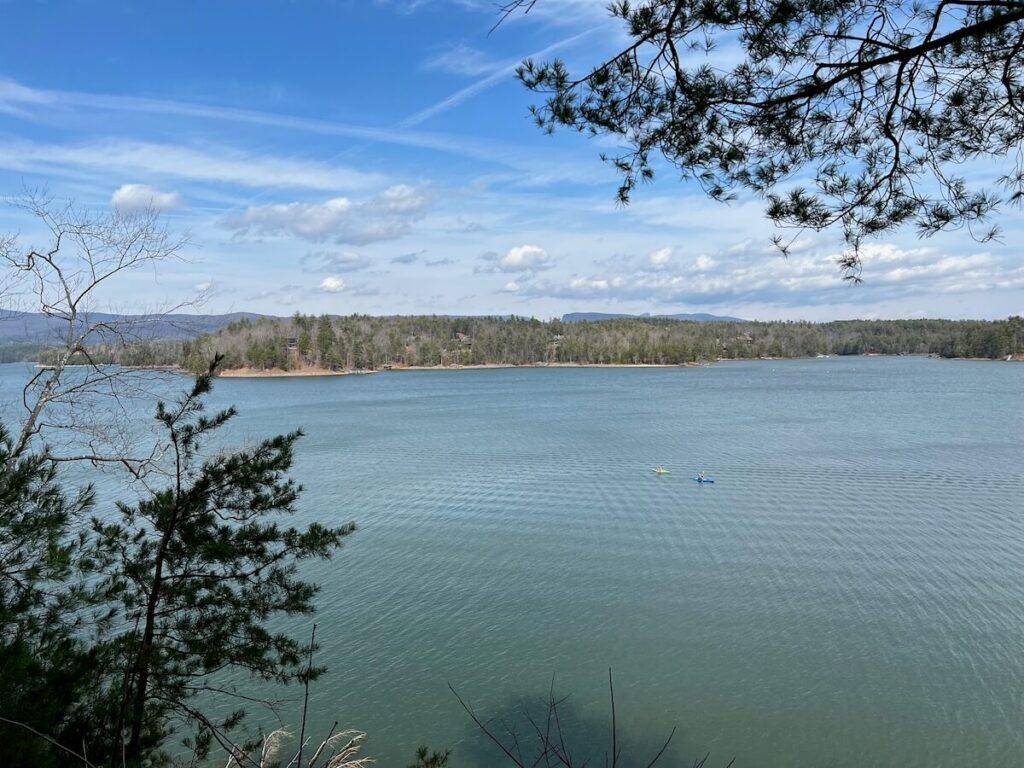 View of some kayakers on Lake James from a hiking trail.