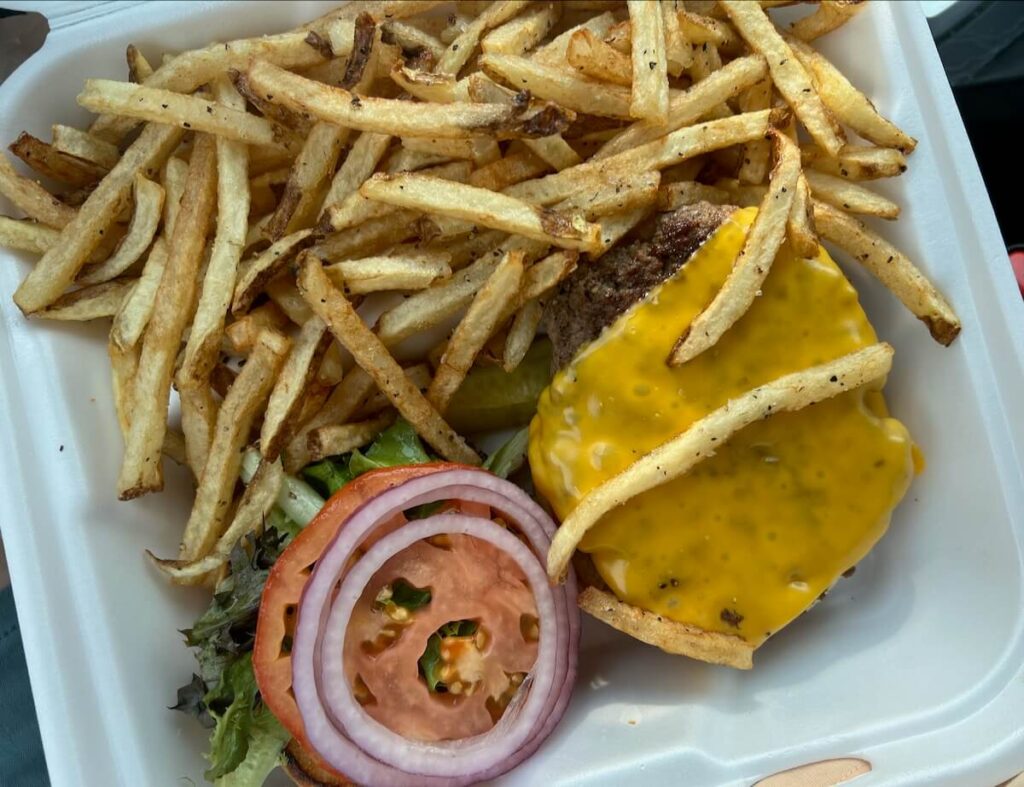 Burger and fries in a take out tray.