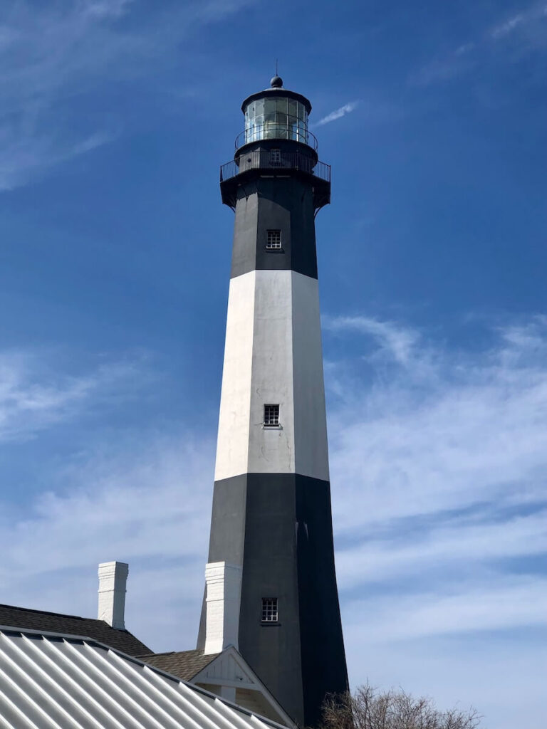 Black and white striped lighthouse at Tybee Island.