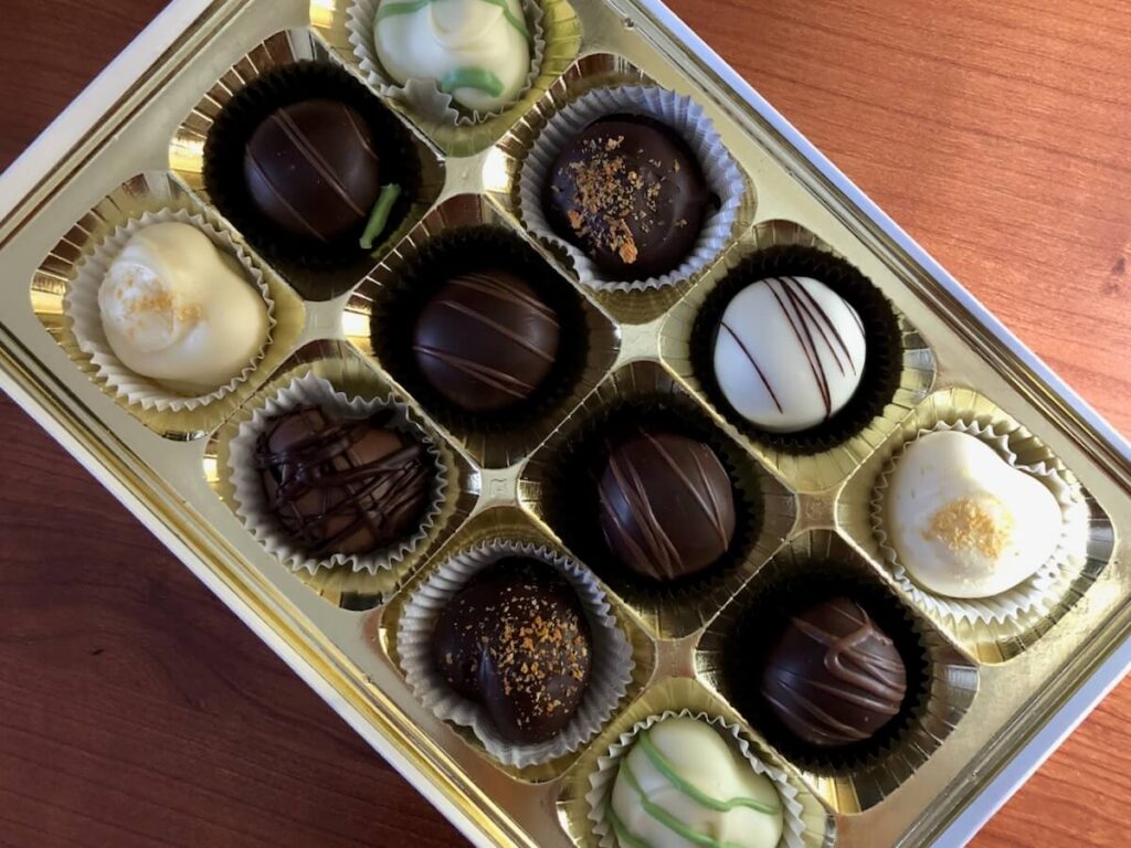 Box of chocolate truffles purchased on a walking tour in Asheville.