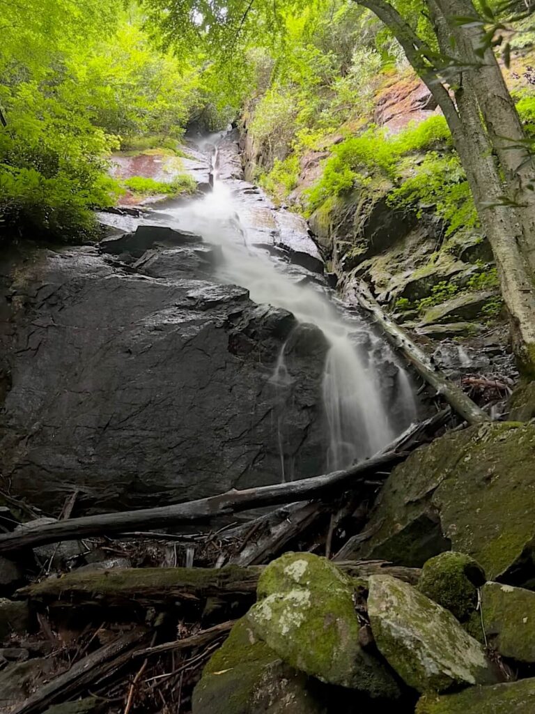 Thin waterfall that falls down a rocky face on a trail offering some of the best hiking in Johnson City, TN.