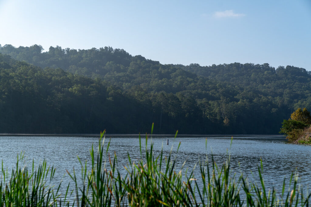 Lake Guntersville with the mountains in the background.