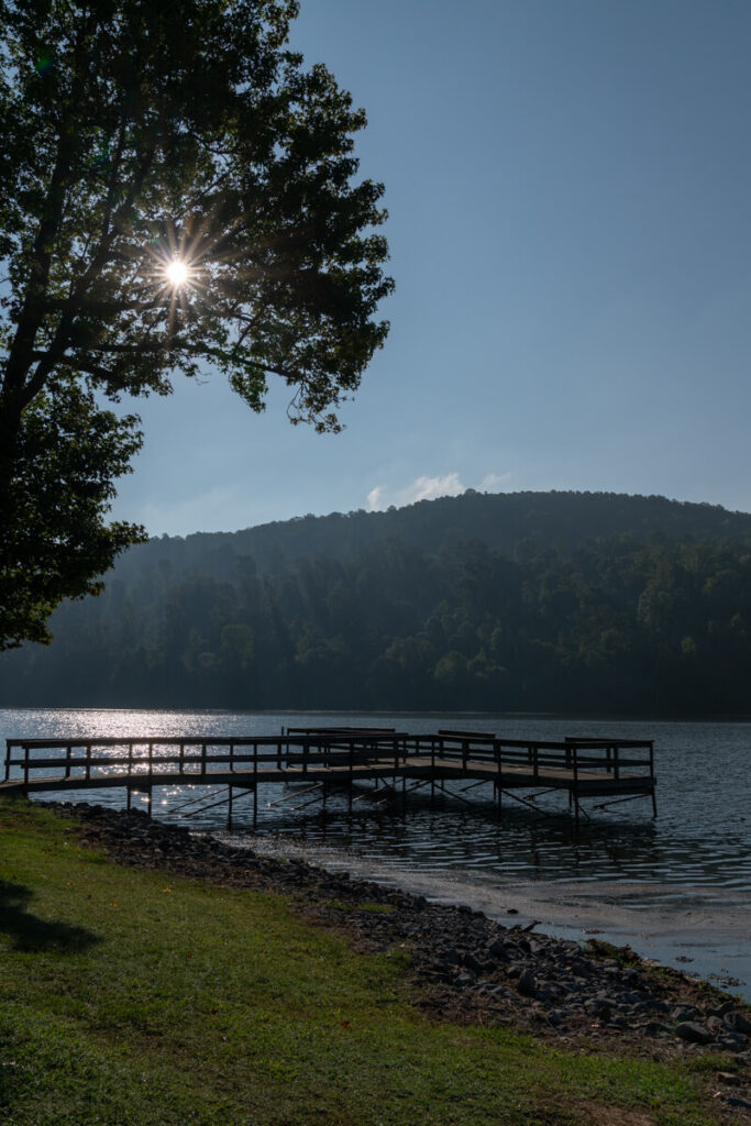 Fishing pier in the water at Town Creek. Fishing is one of the best things to do in Guntersville.