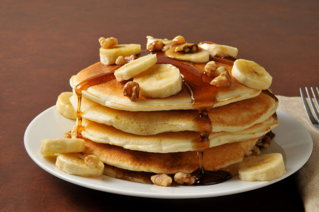 a stack of banana nut pancakes