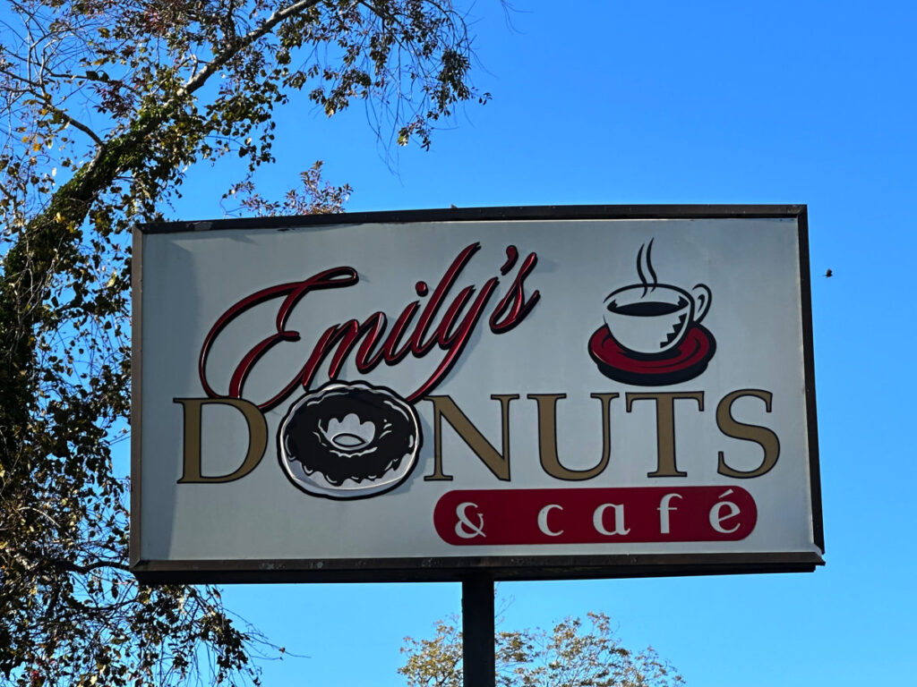 sign for Emily's Donuts, one of the best breakfast spots in Williamsburg, VA