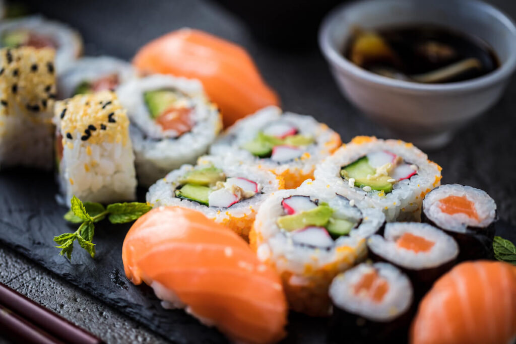 sushi on a slate tray