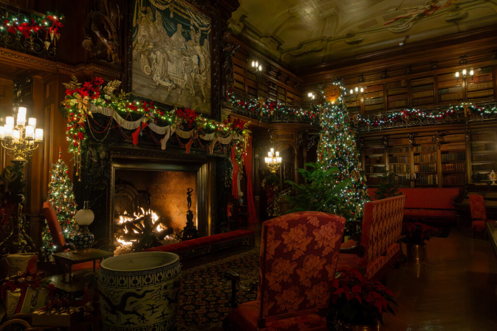 The library with decorations and a fire burning while visiting Biltmore at Christmas during the candlelight tour.