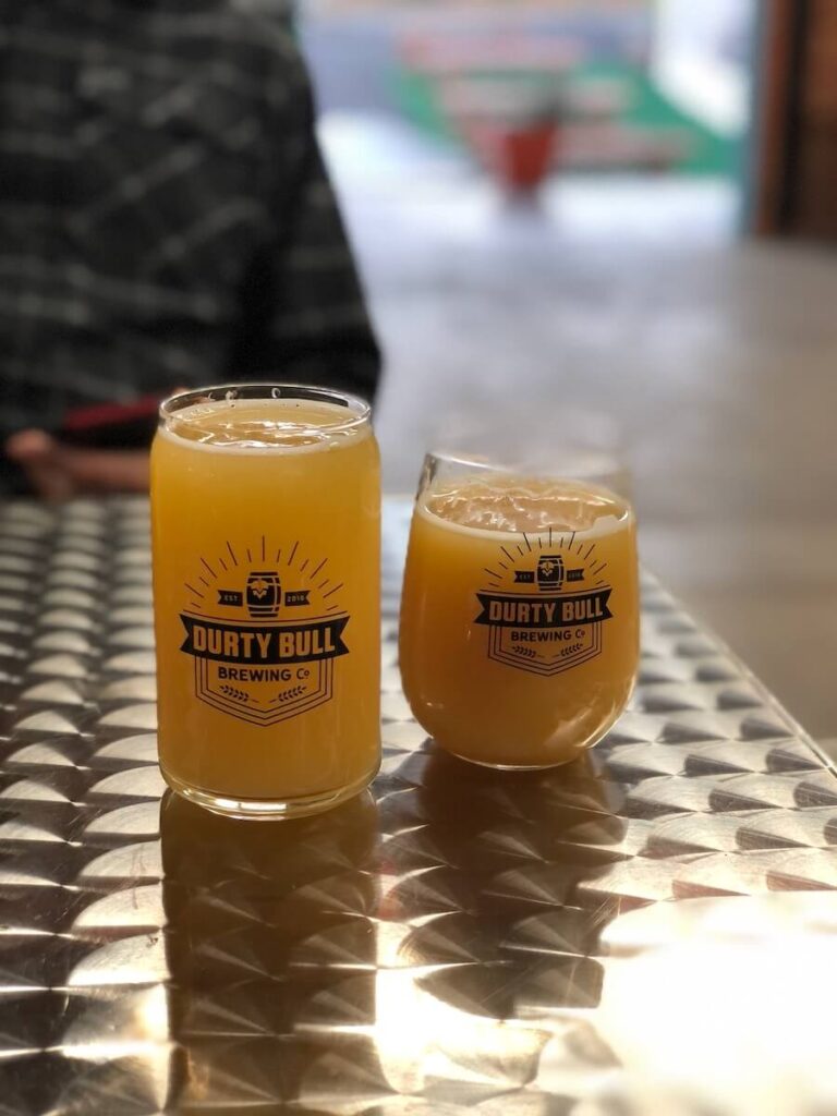 Two glasses of beer from Durty Bull in Durham.