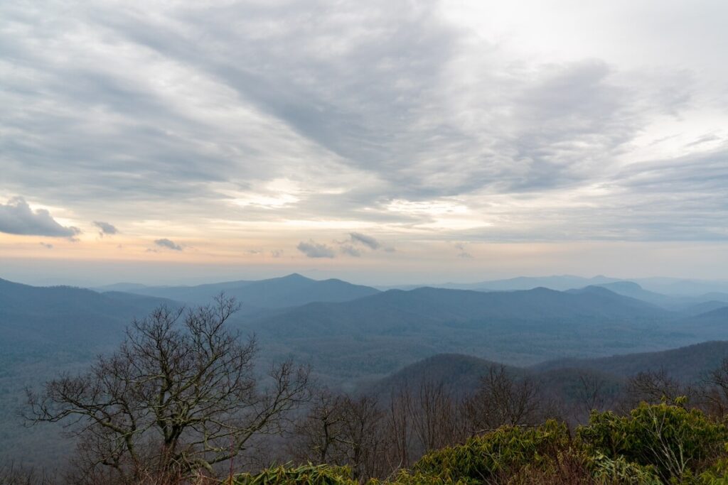 Mountain view at sunset with trees in the foreground.