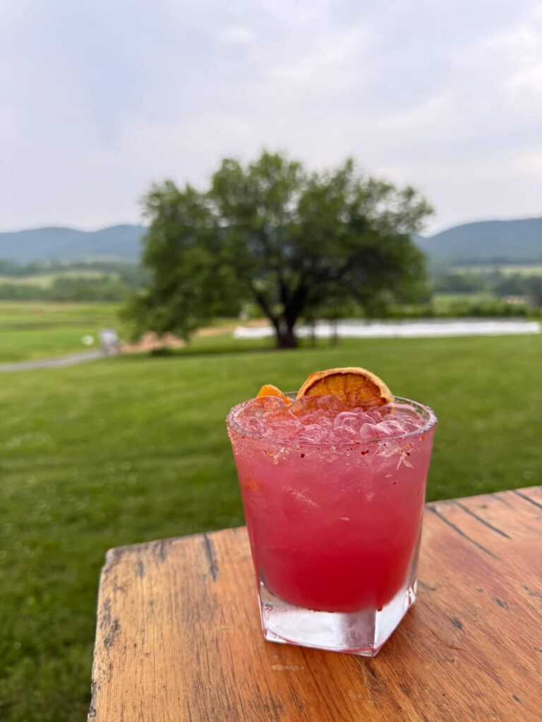 pink cocktail in the foreground with a field, big tree, and mountains in the background